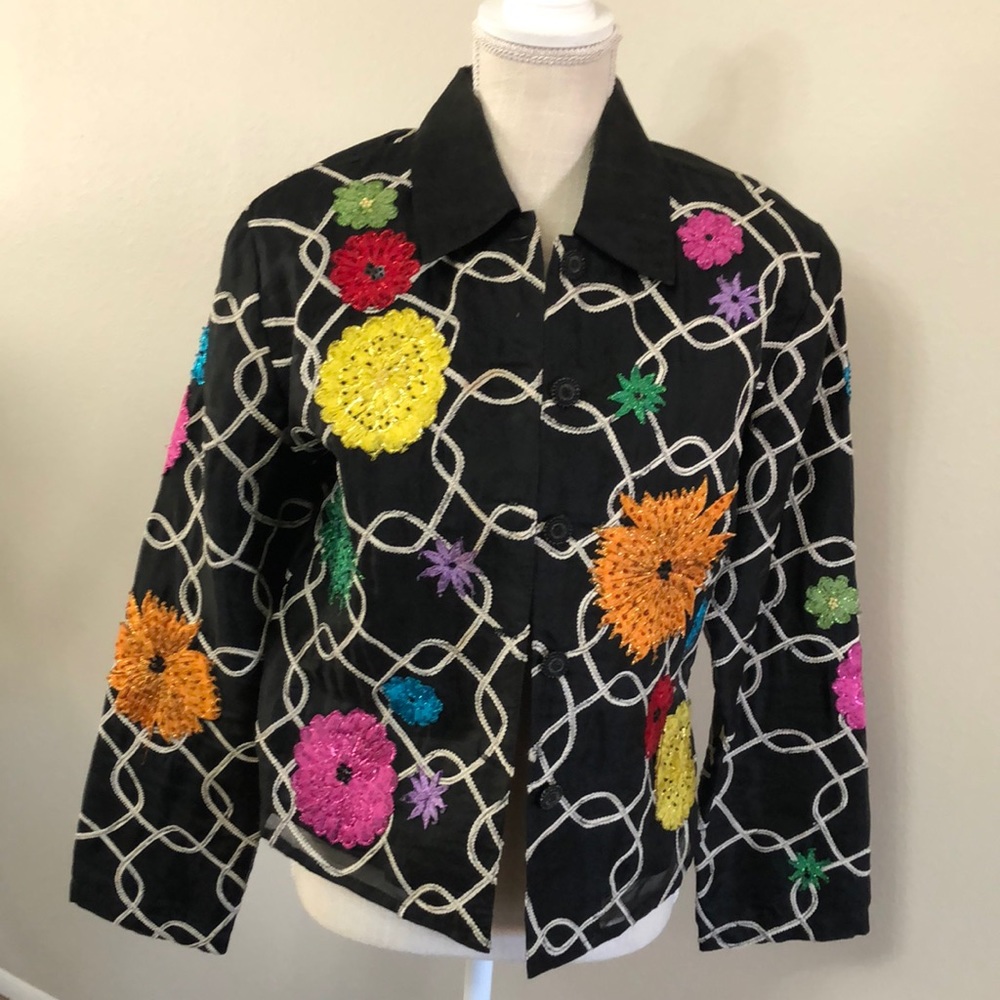 ANAGE silk jacket embellished w/sewn in cords; floral beaded and sequin designs